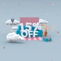 15 Fifteen percent off 3d-illustration in cartoon style. Sale concept.