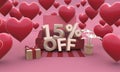 15 fifteen percent off - Valentines Day Sale 3D illustration.