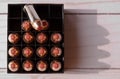 Fifteen 44 special bullets with red tips in a case with one of the bullets on top Royalty Free Stock Photo