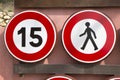 Fifteen Speed Limit and Pedestrian Warning Sign Royalty Free Stock Photo