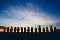 Fifteen standing moai on Ahu Tongariki against dramatic sunrise Royalty Free Stock Photo