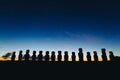 Fifteen standing moai on Ahu Tongariki against dramatic sunrise sky in Easter Island Royalty Free Stock Photo