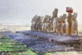 Fifteen standing moais at sunrise in Easter Island Royalty Free Stock Photo