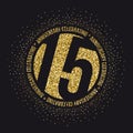 Fifteen years anniversary celebration golden logotype. 15th anniversary gold logo.