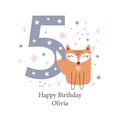 Fifth birthday greetings card with a cute fox. Kids party with animals. Vector