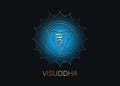 Fifth Throat chakra visuddha with the Hindu Sanskrit seed mantra Vam. Blue and gold flat design style symbol for meditation, yoga