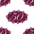 Fifthieth celebration floral frame seamless pattern background. Beautiful painterly purple flower oval wreath with