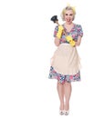 Fifties housewife with sink plunger, humorous concept, isolated