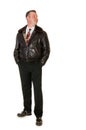 Fifties retro man in leather bomber jacket, on white