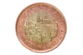 Fifty Czech crowns. The currency of Czech Republic. Macro photo of a coin. View of Prague with the Charles Bridge and Prague Castl
