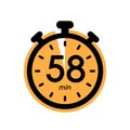 fifty eight minutes stopwatch icon, timer symbol, cooking time, cosmetic or chemical application time, 58 min waiting