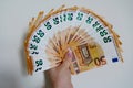 Fifty euro banknotes on a white background close-up