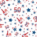 Fifty and fabulous seamless vector pattern background. Red, blue, white backdrop with scattered text,striped stars