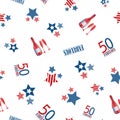 Fifty and fabulous seamless vector pattern background. Red, blue, white backdrop with typography ,striped stars Royalty Free Stock Photo