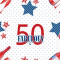 Fifty and fabulous text seamless vector pattern background. Blue red white modern typography with assorted stars on Royalty Free Stock Photo