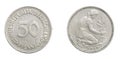 Fifty germany pfennig coin on a white isolated background Royalty Free Stock Photo