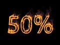 Fifty percent 50%. Fiery numerals with smoke. 3d rendering. Digital illustration.