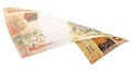 Fifty reais banknote falling on white background. Concept of light money, fortune, grand prize