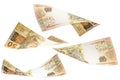 Fifty reais banknotes from Brazil falling on isolated white background. Concept of falling money, devaluation of the real or