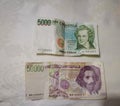 Fifty thousand and five thousand lire paper banknotes, of the old minting