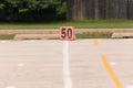 Fifty yard line marker ready for rehearsal at marching band rehearsal Royalty Free Stock Photo