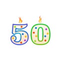 Fifty years anniversary, 50 number shaped birthday candle with fire on white