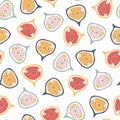 Fig character seamless pattern with smiley face fruit on a polka dot background. Hand-drawn cartoon doodle in simple