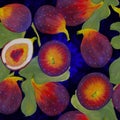 Fig fruits and leaves - seamless pattern. Watercolor background illustrations for greeting cards, fabric, kitchen textiles,
