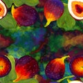 Fig fruits and leaves - seamless pattern. Watercolor background illustrations for greeting cards, fabric, kitchen textiles,