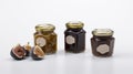 Fig jam with dried figs Jars on white background with Generative AI