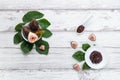 Fig jam with figs, fig leaves and white spoon with jam on White wood background Royalty Free Stock Photo