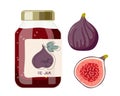 Fig jam in glass jar with label and fresh fig. Canned fig fruits. Jam in jars. Homemade preparations and canning. Fruit