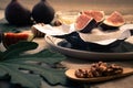 The fig leaf in the foreground and the walnut blurry. In the background is Camembert cheese with slices of figs on it Royalty Free Stock Photo