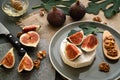 Fig leaves, knife, honey and linen napkin Royalty Free Stock Photo