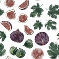 Seamless figs pattern on white background. Summer fruits and leaves hand drawn illustration Royalty Free Stock Photo