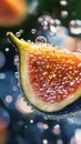 Fig slice in water with reflections and bubbles, macro bright lighting Royalty Free Stock Photo
