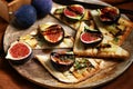 Fig toast with cheese, olive oil, spices and balsamic vinegar. Bruschetta with figs