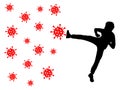 Fight against coronavirus COVID-19. Silhouette of man pushes away viruses with his foot. Vector illustration