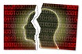 Fight against cybernetic crime - concept image with a ripped photo of a human head with binary code on the background