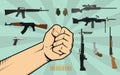 Fight against gun control illustration with hand and a lot of different weapon or gun as background