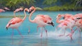 Fight of American flamingos