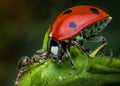 Fight between an ant and a ladybug on a leaf Royalty Free Stock Photo