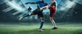 Cropped image of two soccer, football players in motion, action at stadium during football match. Concept of sport Royalty Free Stock Photo