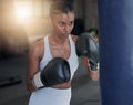 Fight, black woman and boxing for fitness, focus and motivation for exercise, workout or wellness. Boxer, female athlete