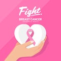 Fight breast cancer awareness month banner with hand hold pink ribbon on white paper heart on pink background vector design Royalty Free Stock Photo