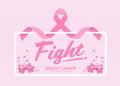 Fight breast cancer awareness month banner with pink ribbon around white frame and butterfly on soft pink stripes texture