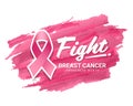 Fight breast cancer awareness month banner with pink ribbon sign on pink background Paint brush style