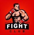 Fight club emblem, logo design. Muscular fighter in boxing gloves sports mascot, badge. Fighting vector illustration