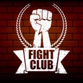 Fight club vector logo or label with grunge black man fist isolated on brick wall background. MMA Mixed martial arts Royalty Free Stock Photo