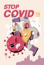 Fight with Coronavirus concept. Illustration of a doctor fighting with covid-19 corona virus. Disease campaign poster